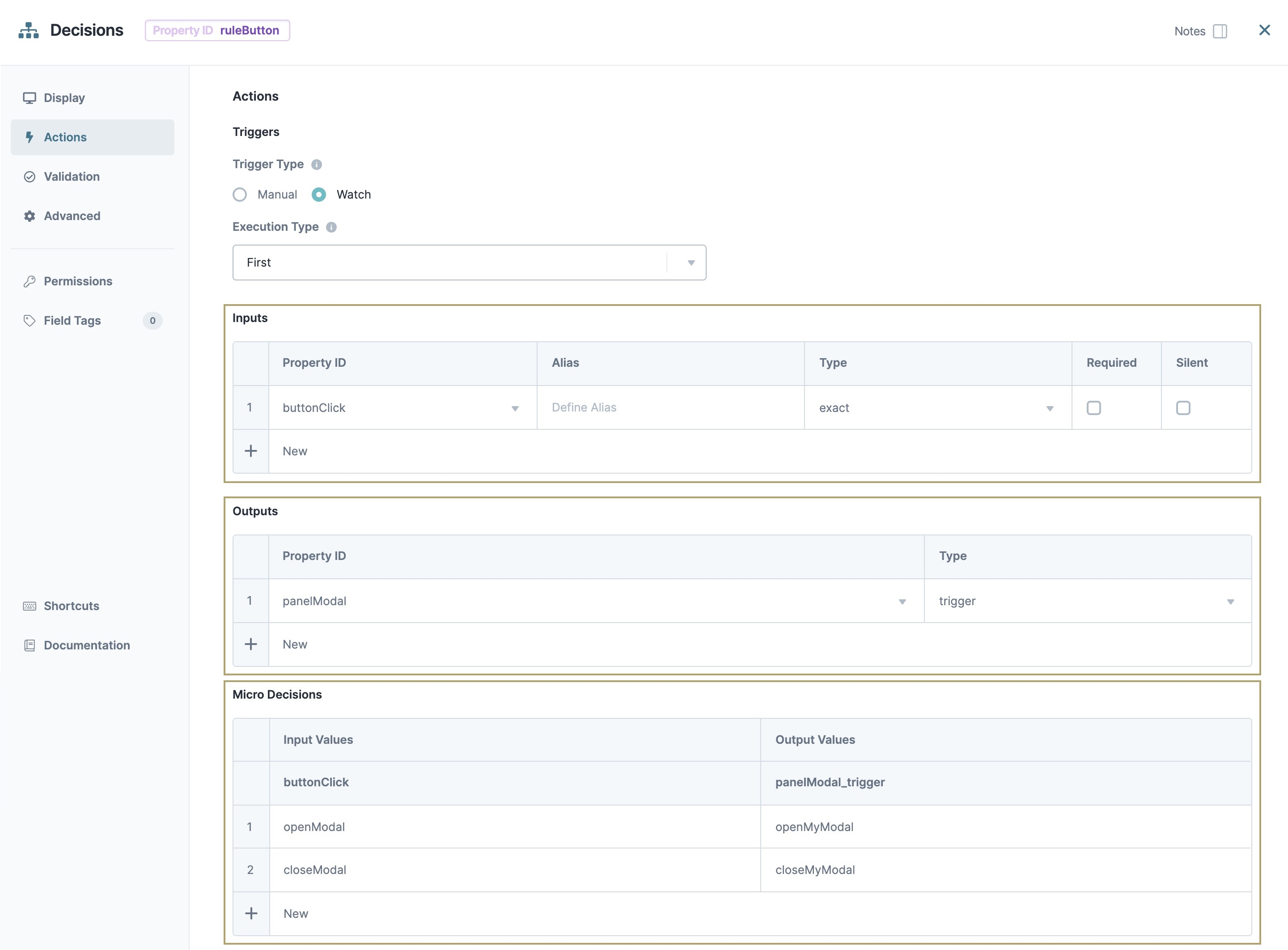 A static image displaying the Inputs, Outputs, and Micro Decisions of the snippet's Decisions component.