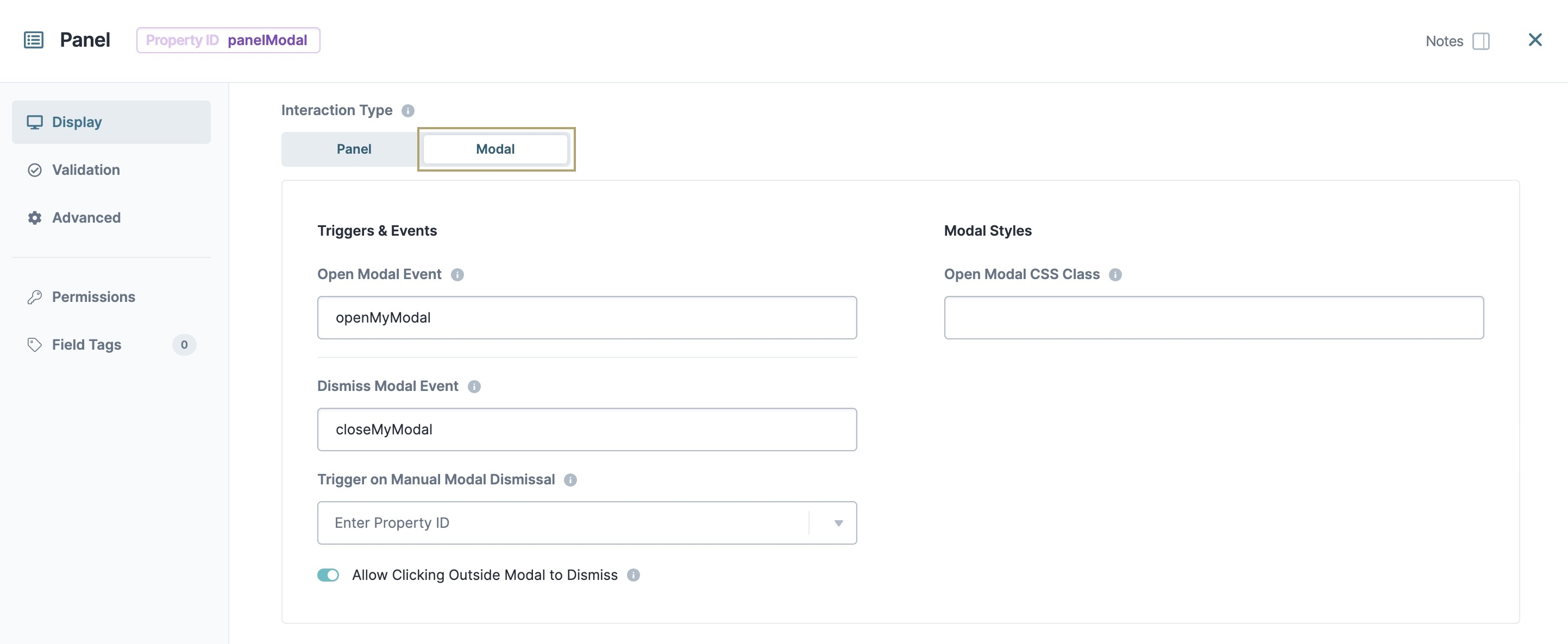 A static image displaying how to select the Modal setting.
