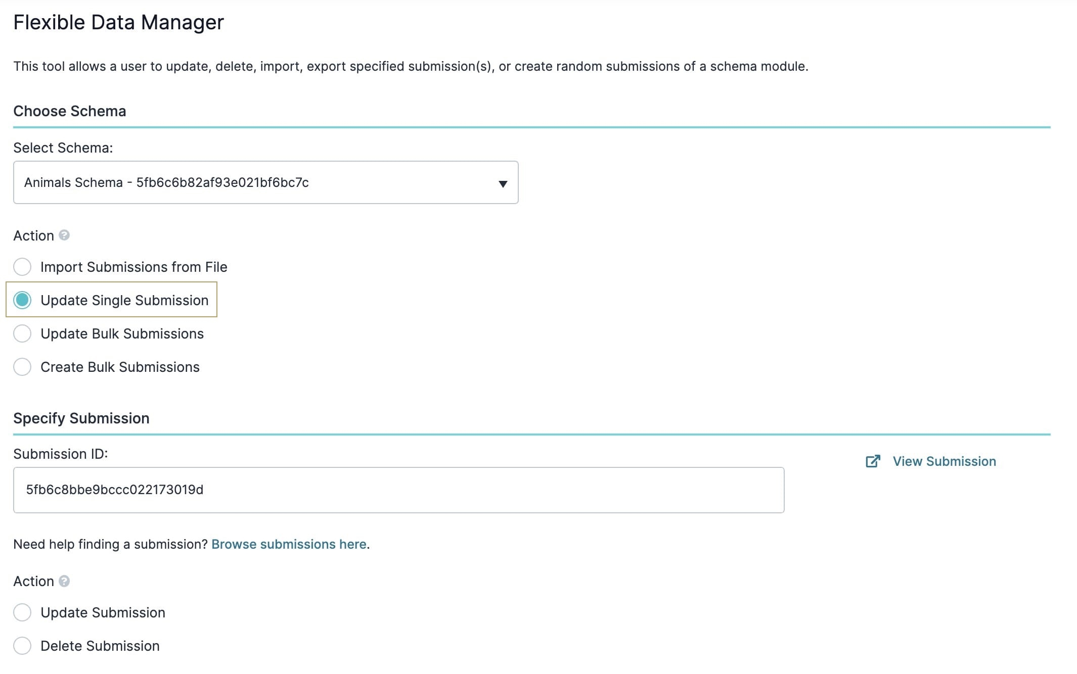 A static image displaying the actions available when selecting the Update Single Submission action.