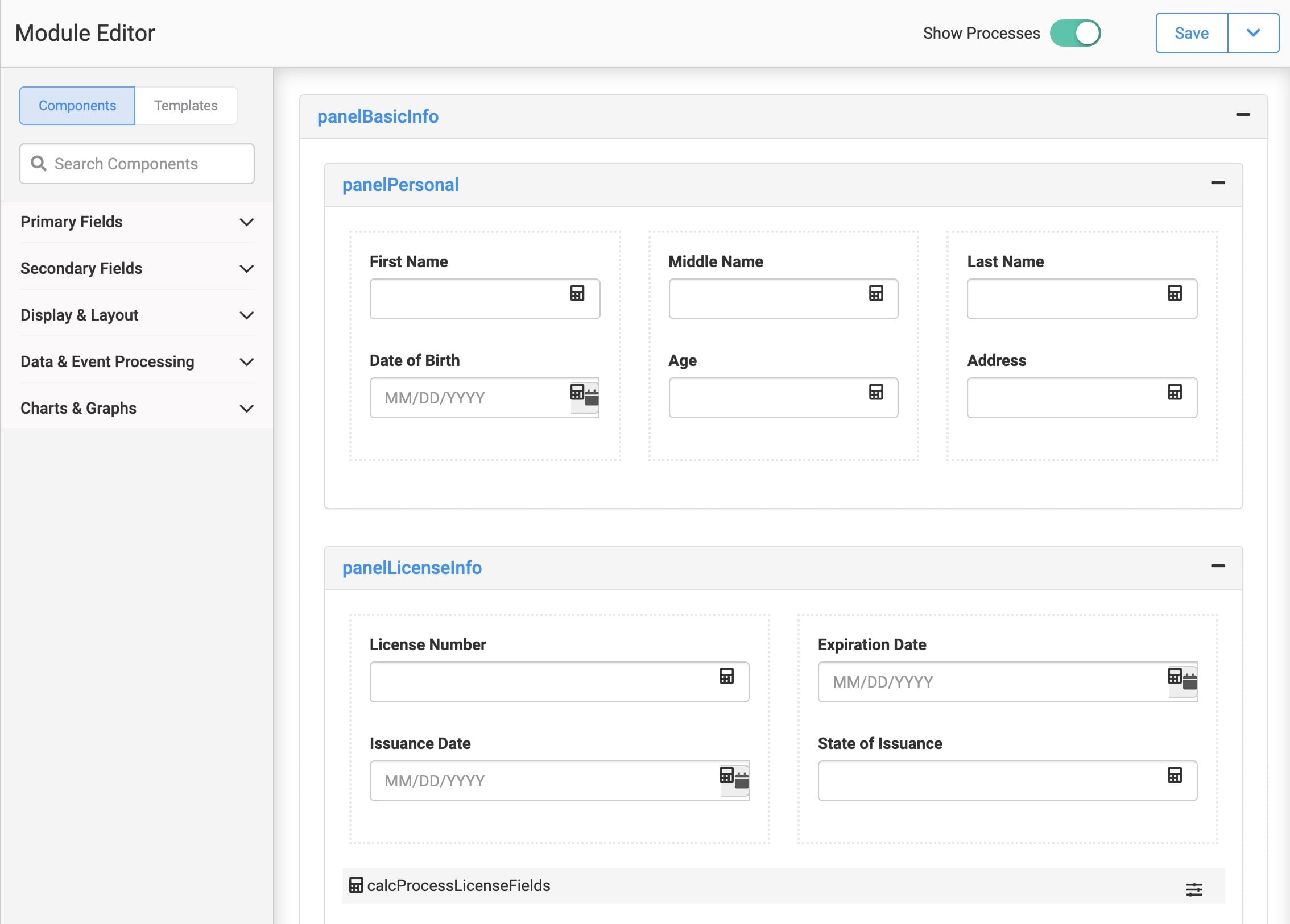 A static image displaying a module using panels and columns to organize components.