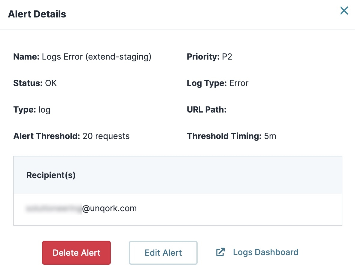 A static image displaying an example of an error log in the Alert Details modal.