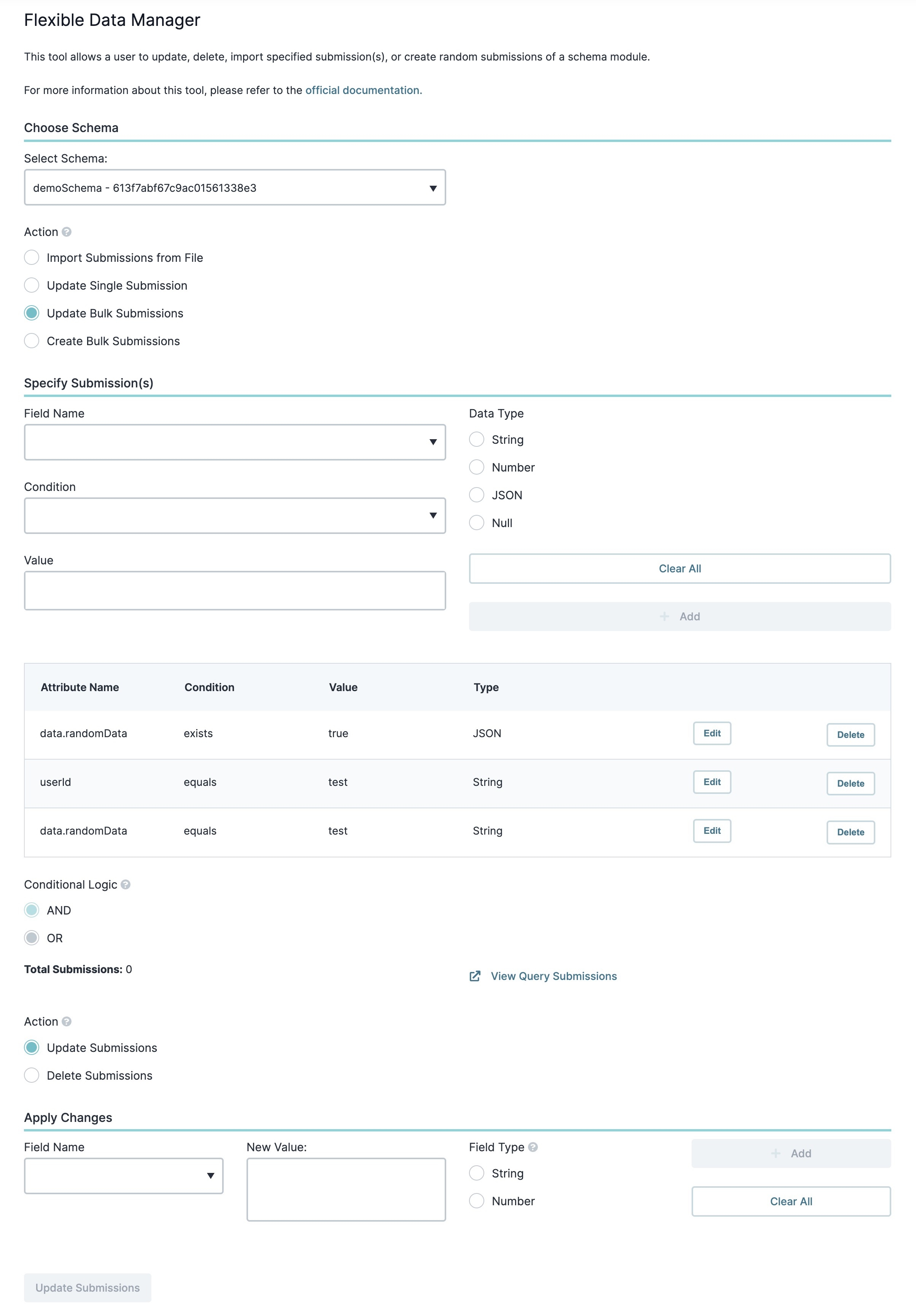 A static image displaying the Apply Changes panel when selecting the Update Submissions action.
