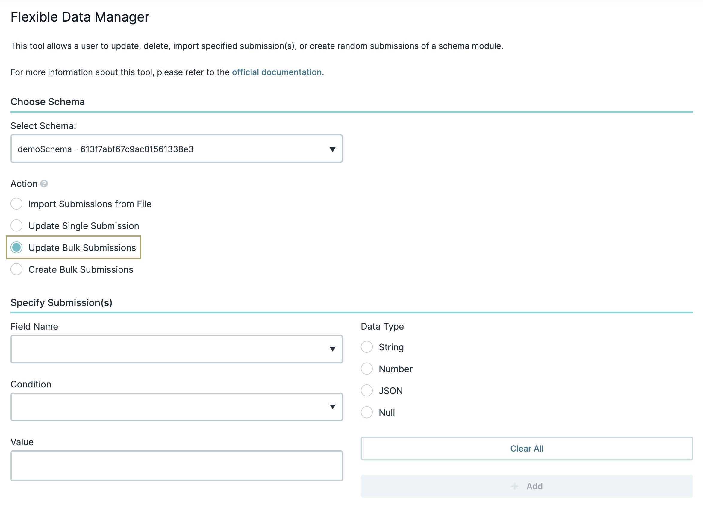 A static image displaying the option available when selecting the Update Bulk Submissions action.