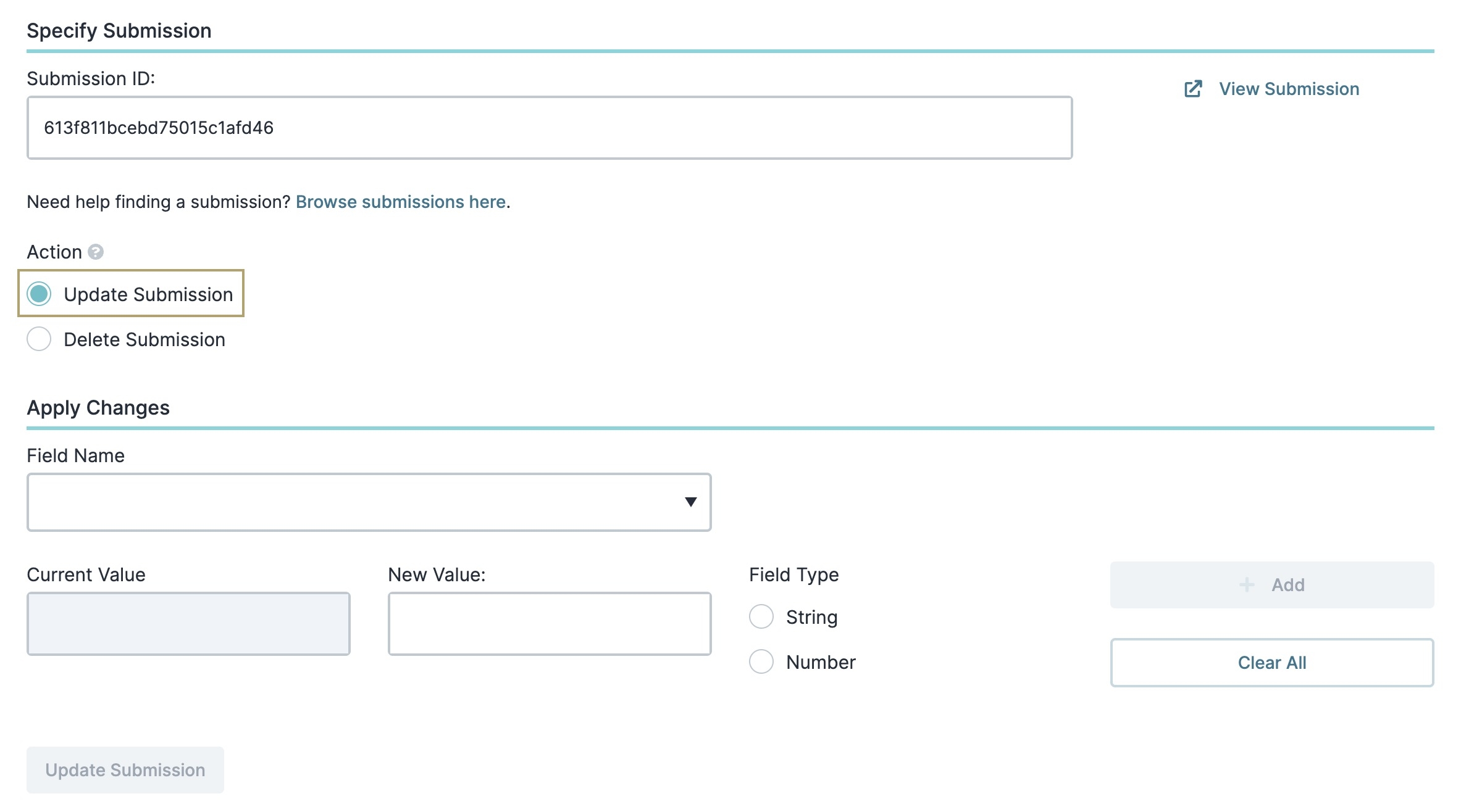 A static image displaying the settings available when selecting the Update Submission action.