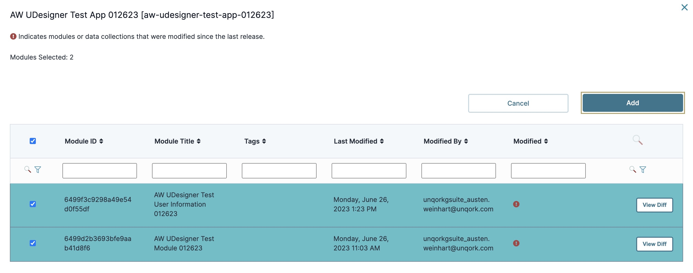 A static image displaying the modules selected for the release.