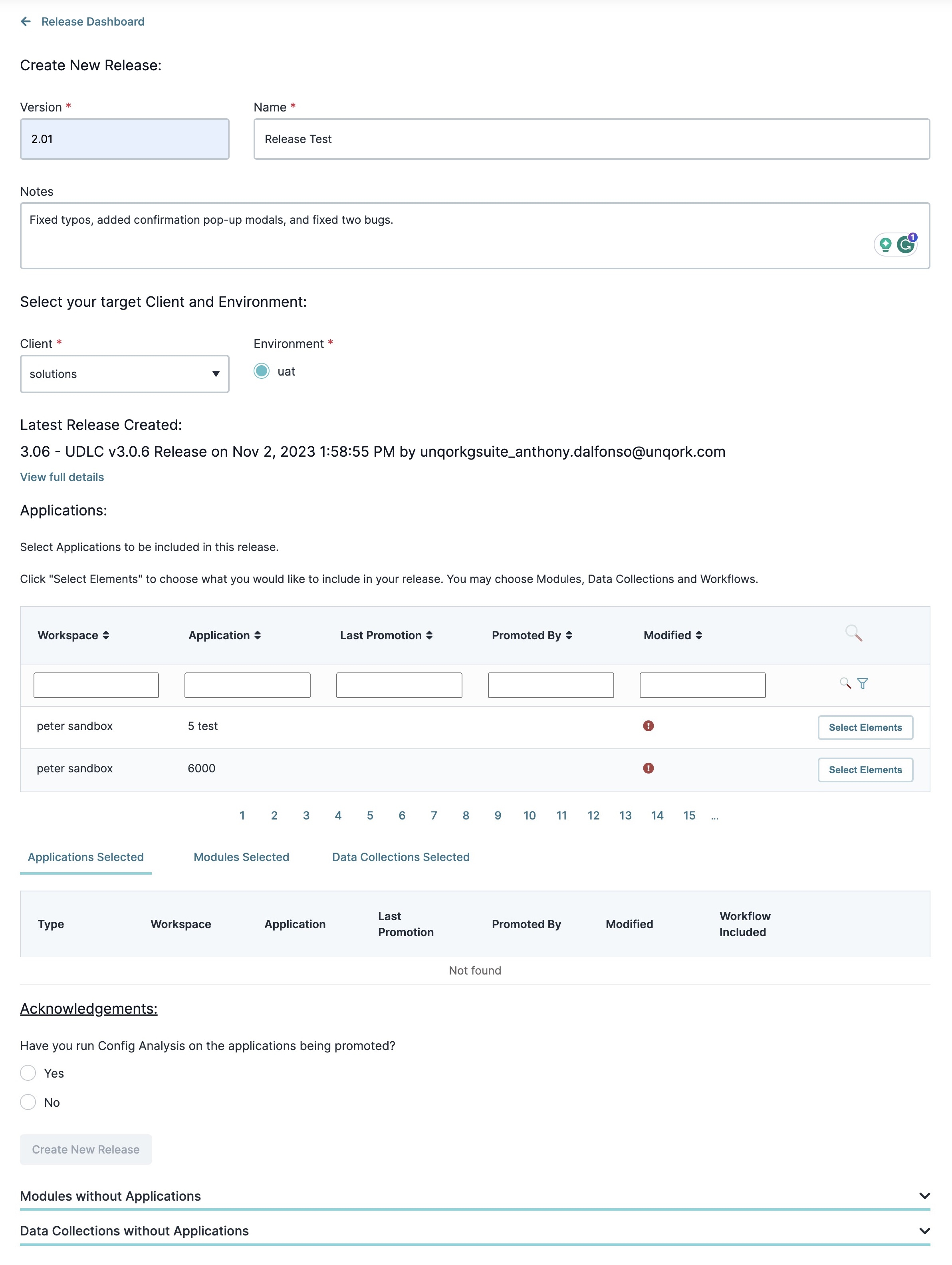 A static image displaying the creation of a release, with release information and a table of available applications and Data Collections.