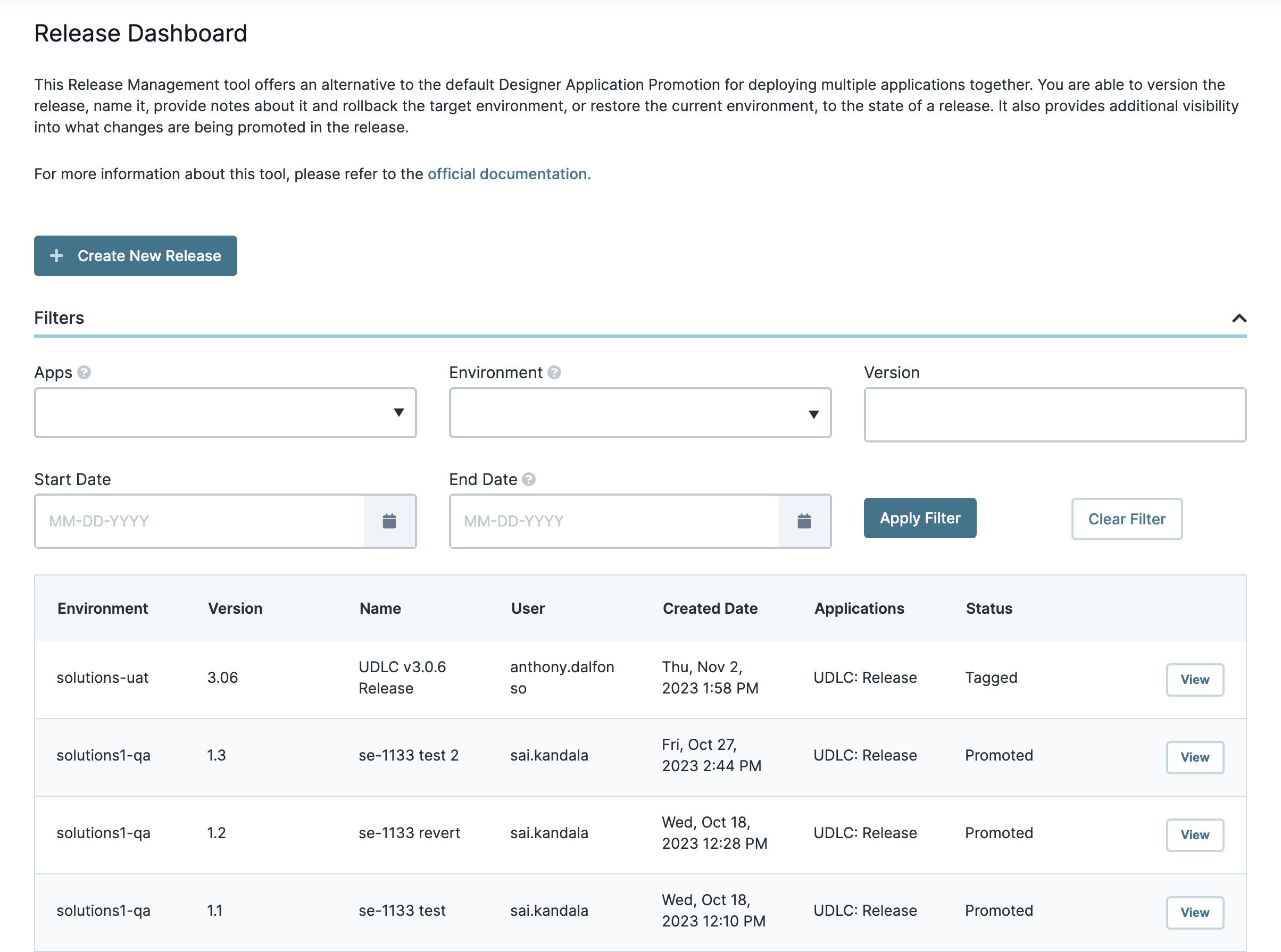 A static image displaying the Release Dashboard, with filter tools and a table of releases.