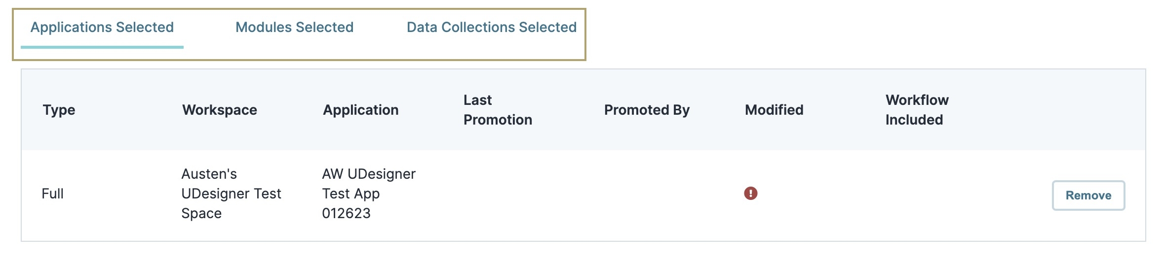 A static image displaying the Applications Selected, Modules Selected, and Data Collections Selected tabs.