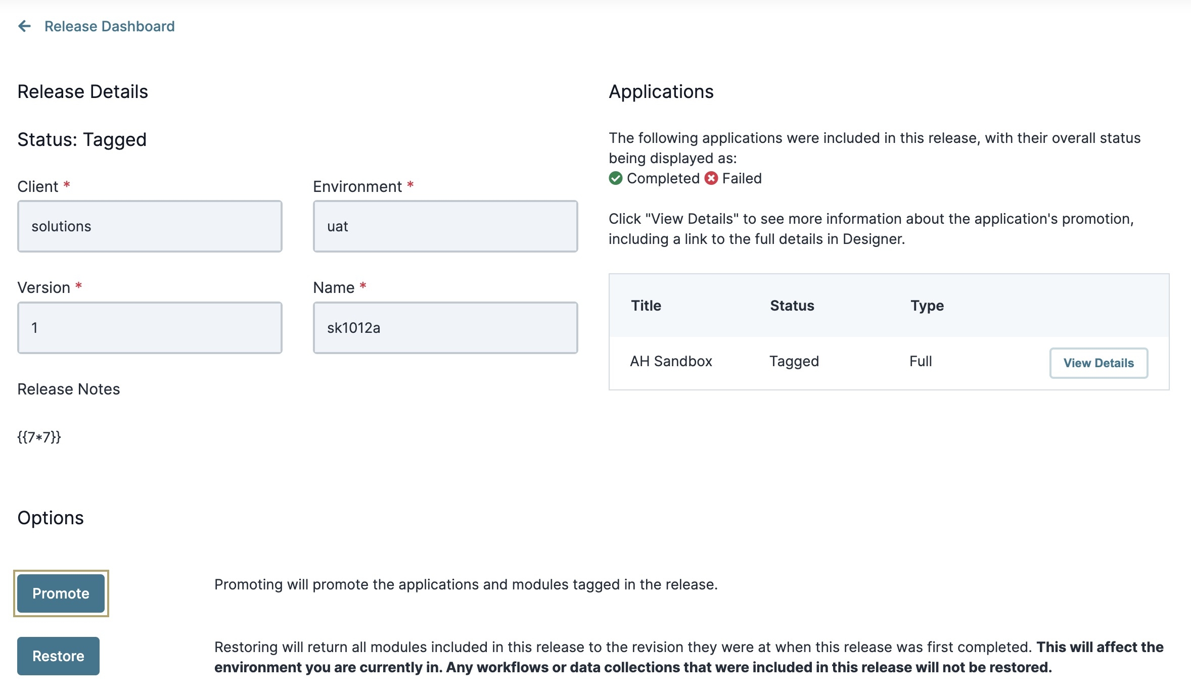 A static image displaying the Release Details modal and the Promote button.