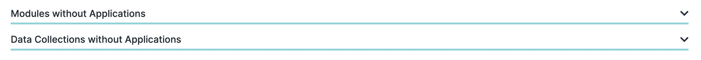 A static image displaying the Modules Without Applications and the Data Collection Without Applications tabs.