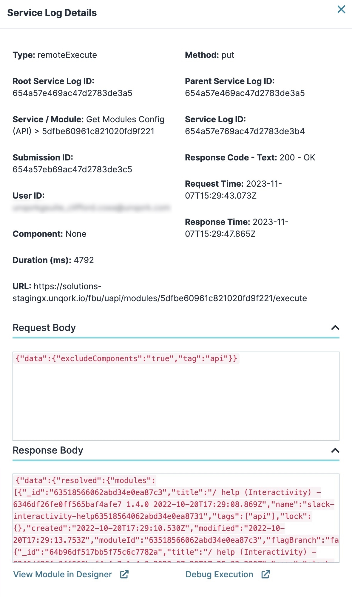 A static image displaying the Service Log Details for a remote execute service log.