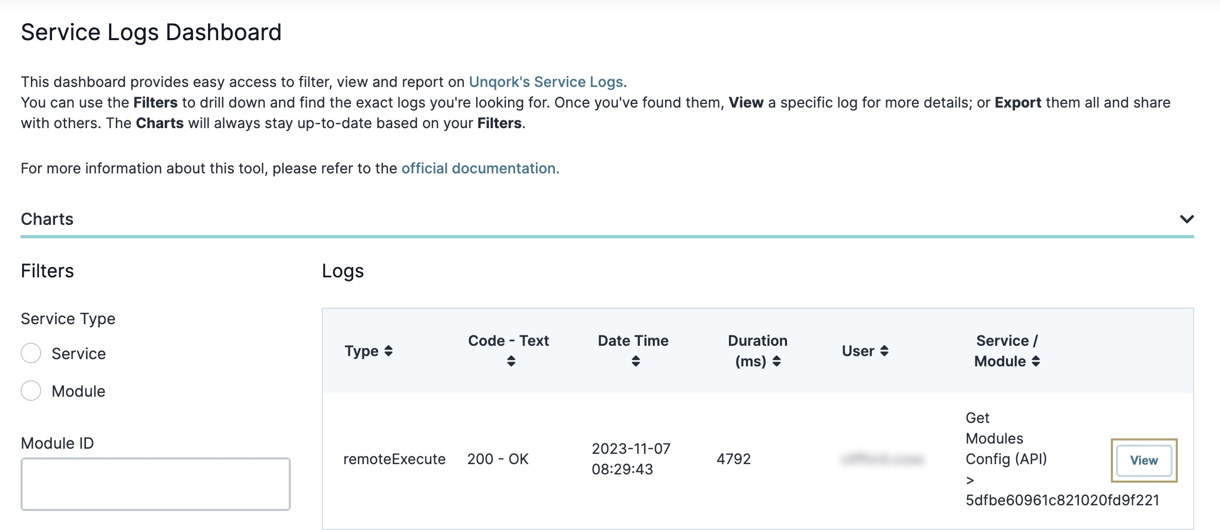 A static image displaying the View button to the right of a service log on the Logs dashboard.