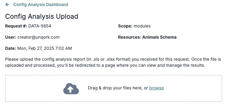 A static image displaying the Config Analysis View Request page.