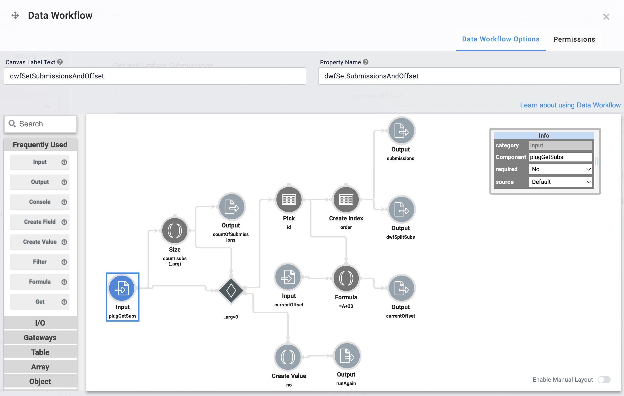 A static image displaying the dwf set submissions and offset Data Workflow component canvas with its configured operators.