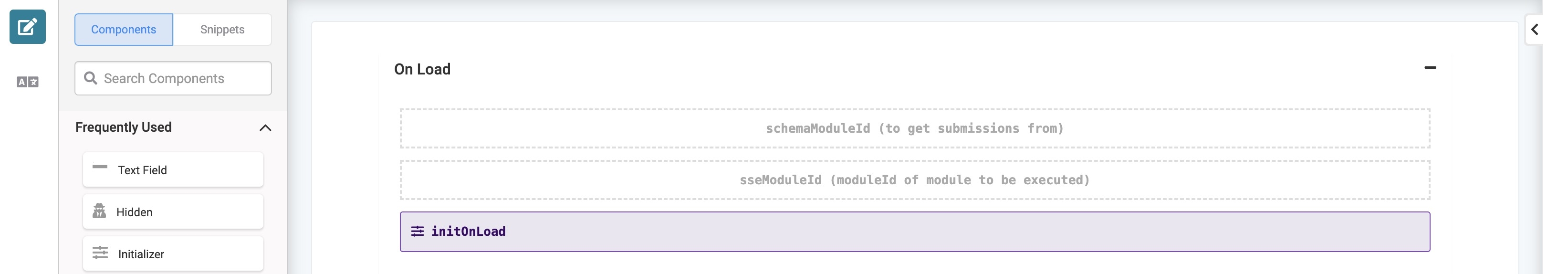 A static image displaying the On Load Field Group component in the Module Builder, with various components configured inside it.