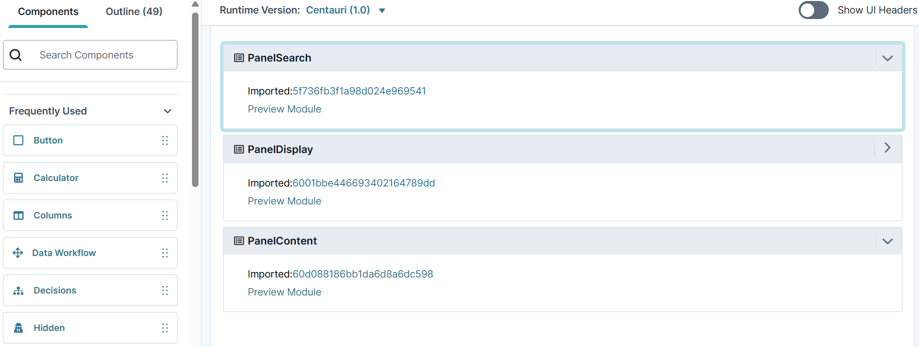 A static image displaying different modules imported in a panel.