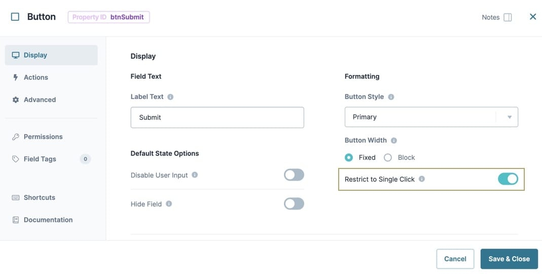 A static image displaying the Button configuration window, the Display section is selected, and the Restrict To Single Click setting is set to on.