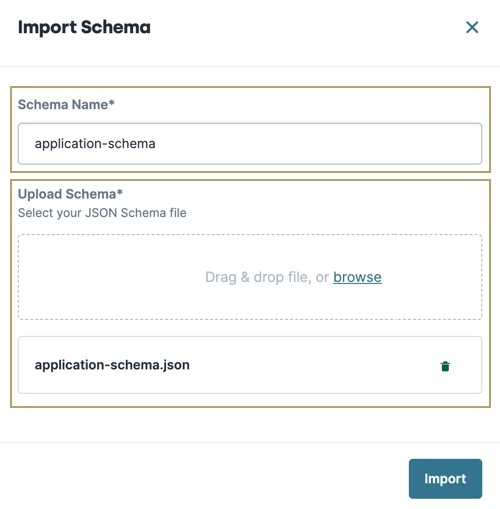 A static image of the Improt Schema modal, the Schema Name and Upload Schema fields are highlighted.