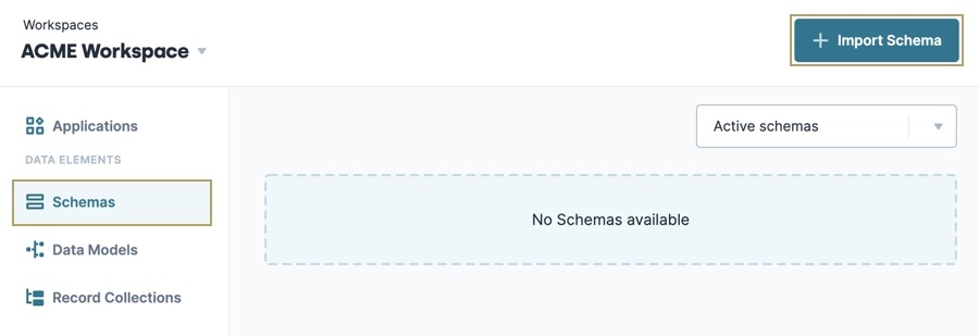 A static image displaying the Schemas page, the Import Schema button is highlighted.