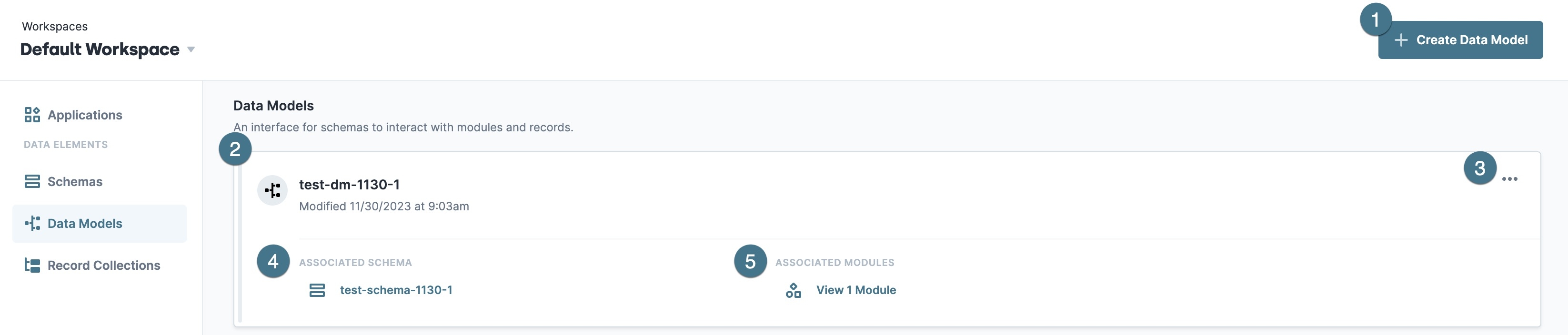 A static image displaying the Data Models Viewer and all its avaliable attributes and actions.
