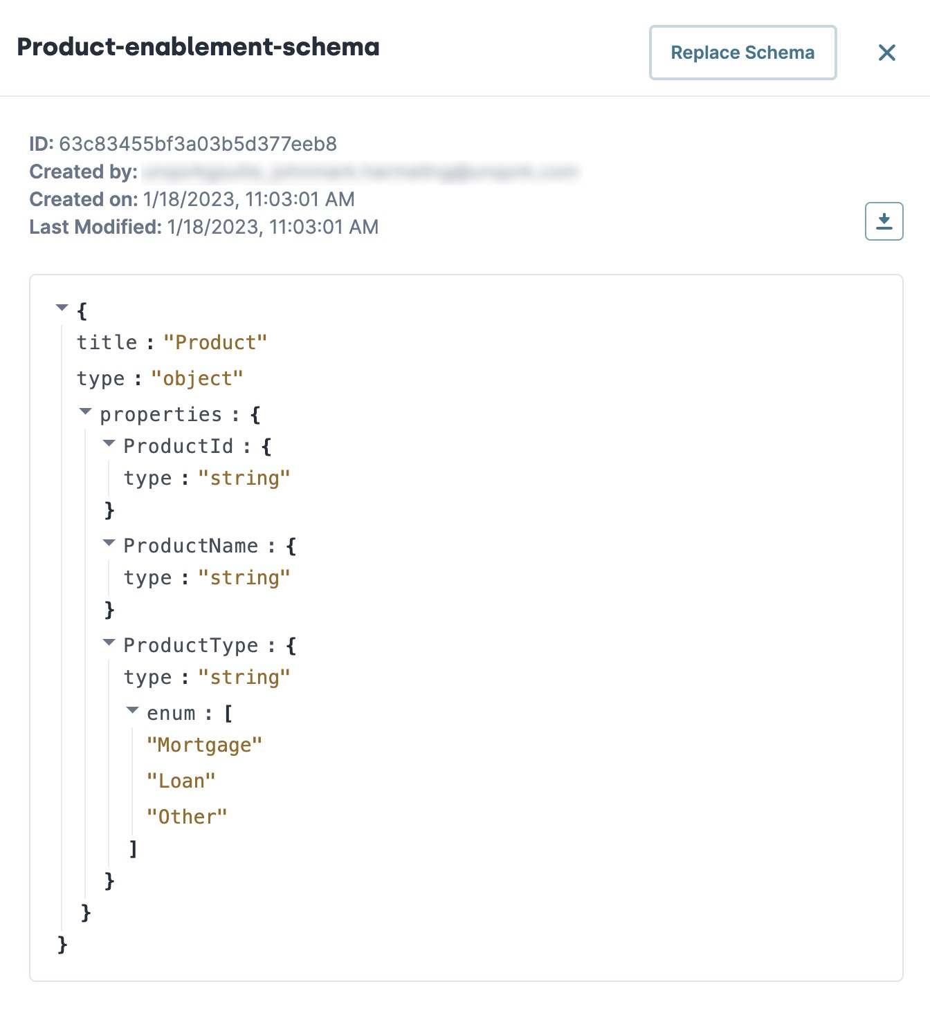 A static image displaying the Schema Details panel for a selected schema.