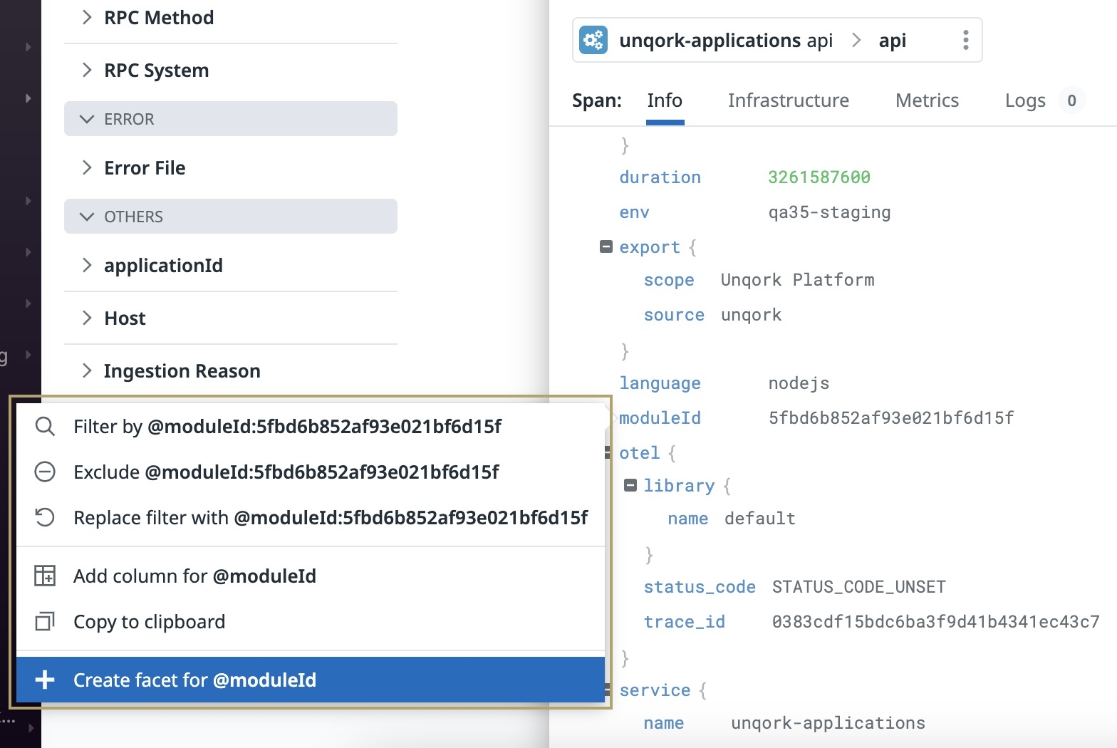 A static image displaying how to create a module ID facet.