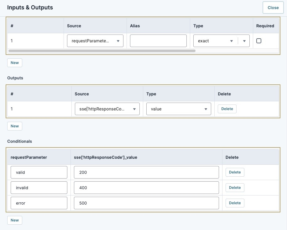 A static image displaying the "ruleHTTPresponses" decisions component. The Inputs, Outputs, and MicroDecisions tables are filled out.