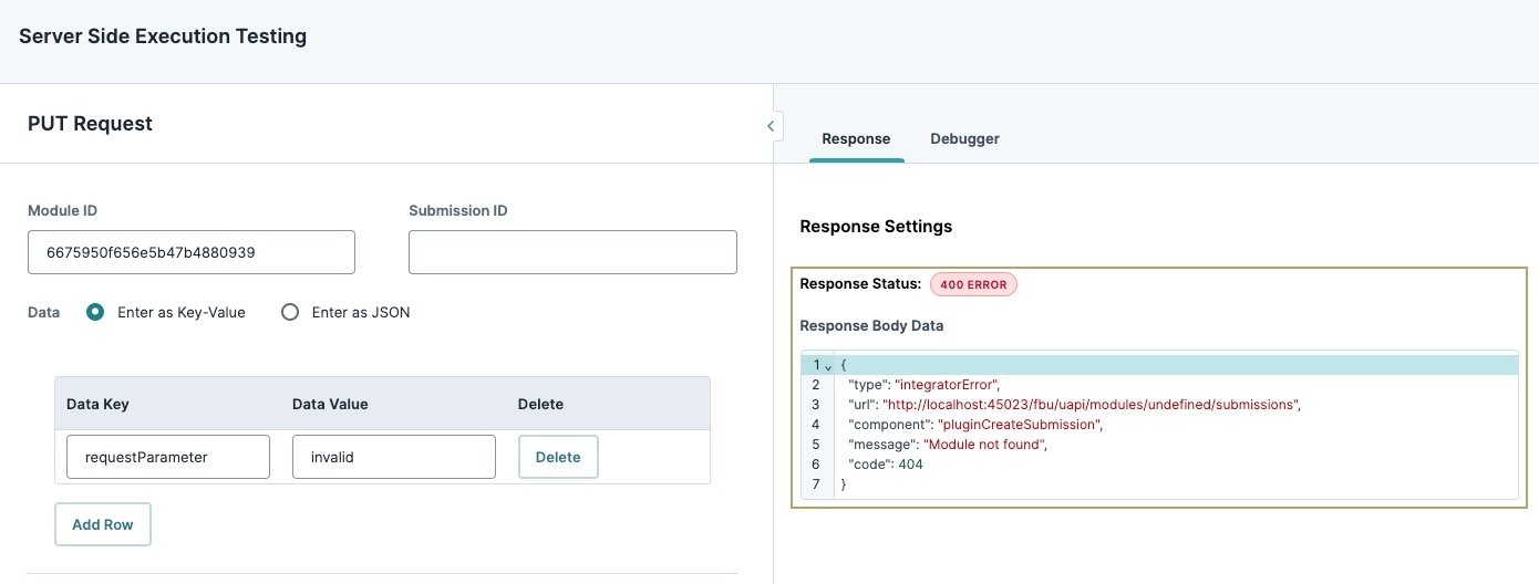 A static image displaying the response status "400"  when the Data Value is set to "Invalid".
