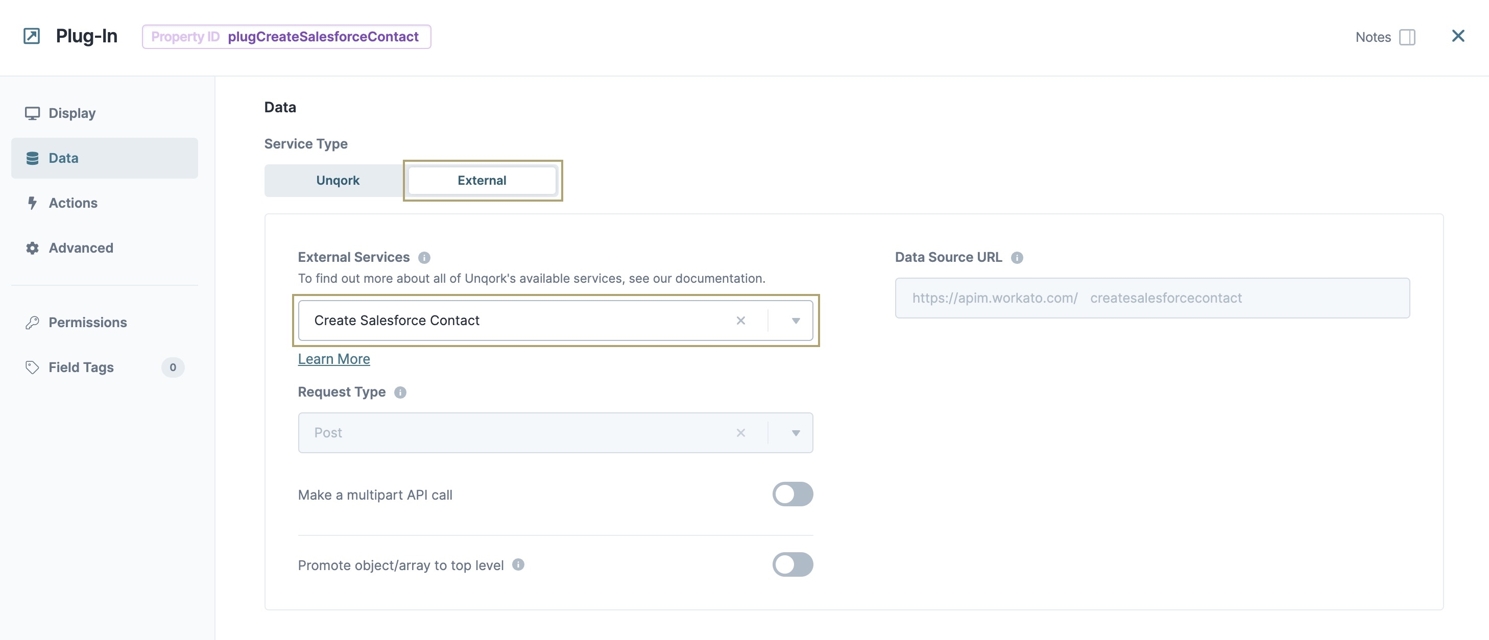 A static image displaying the Plug-In component's configuration window with the selected Create Salesforce Contact endpoint.