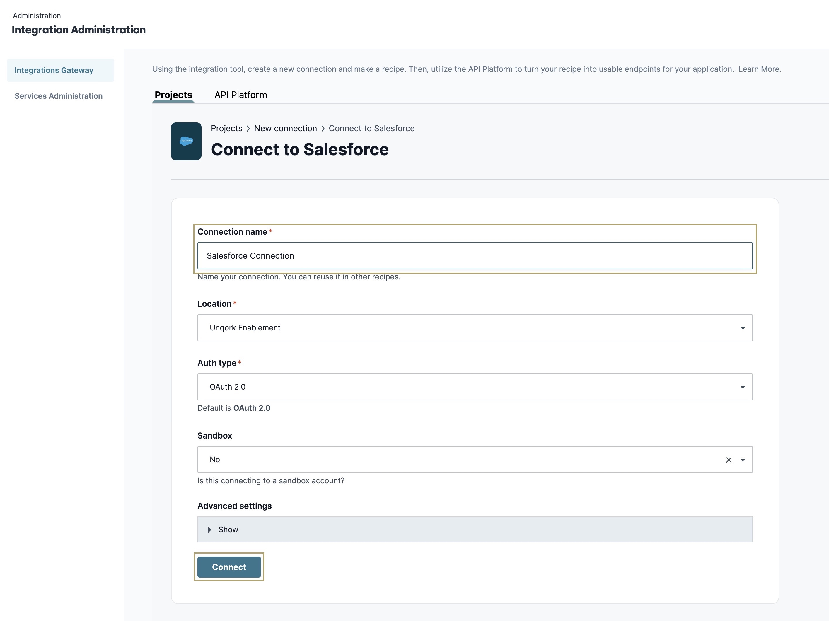 A static image displaying the creation of the Salesforce connection.