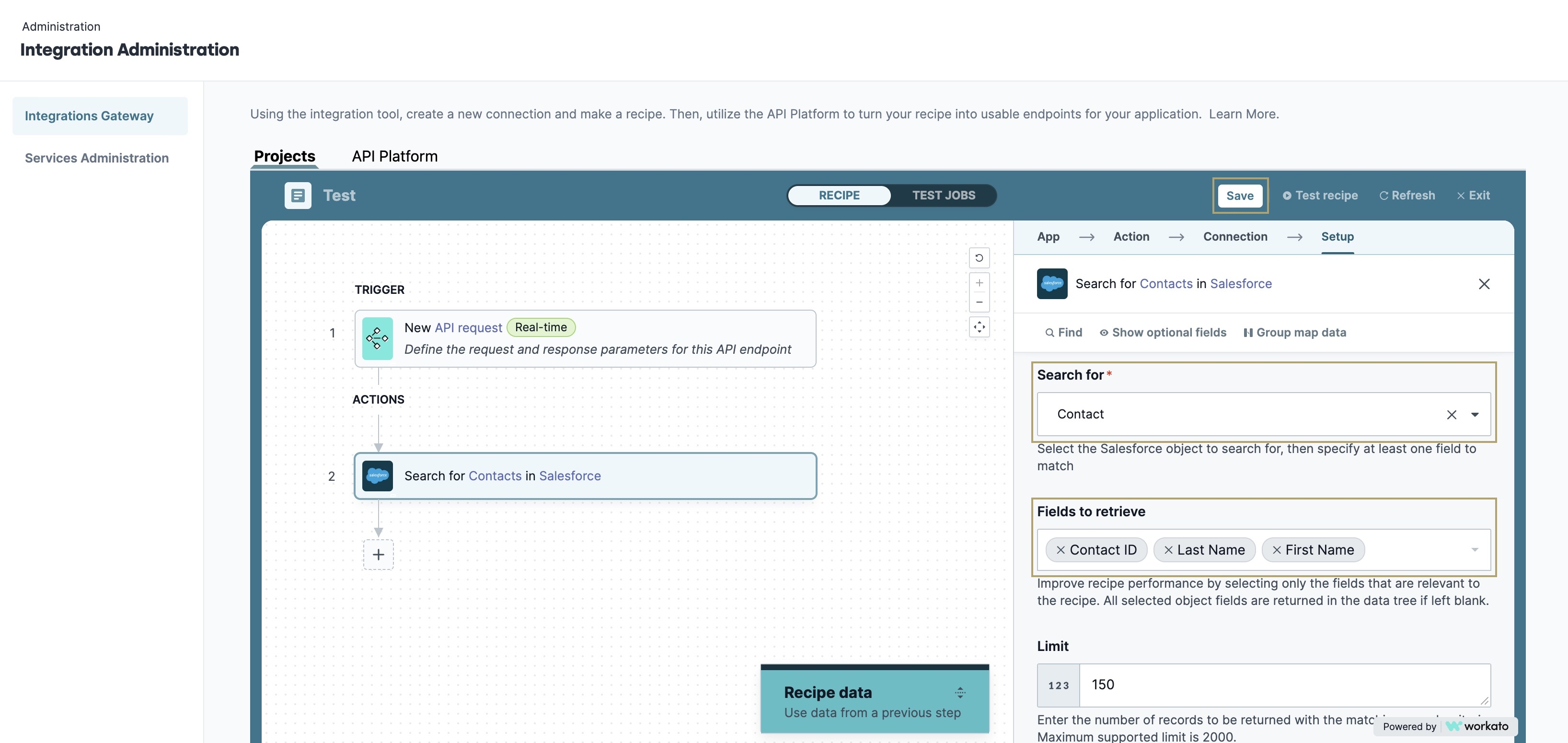 A static image displaying the Salesforce Contact fields to search by in the Integrations Gateway Action.