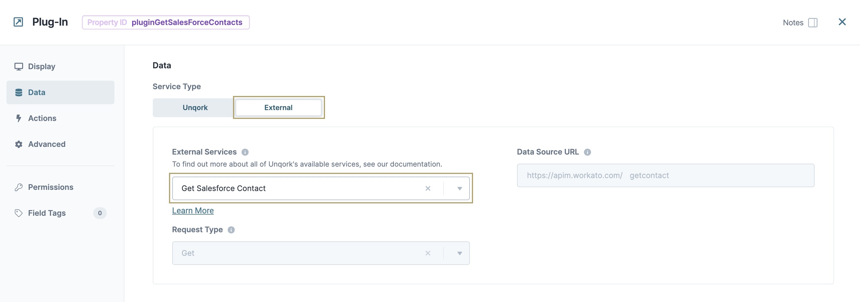 A static image displaying the Plug-In component's configuration window with the selected Get Salesforce Contacts endpoint.