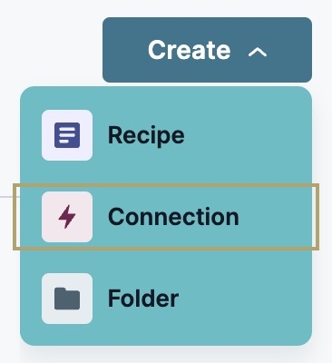 A static image displaying the Create drop-down to select a new connection.