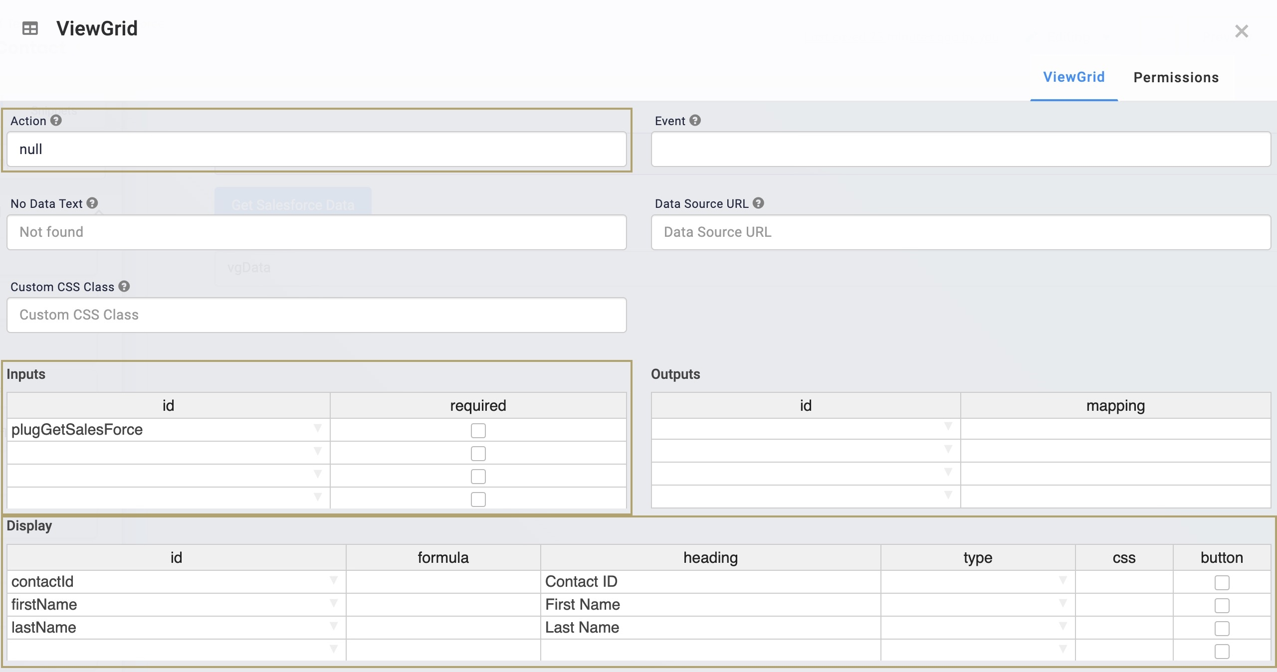 A static image displaying the ViewGrid component's configuration window with the necessary Salesforce output IDs to display the data in a dashboard.