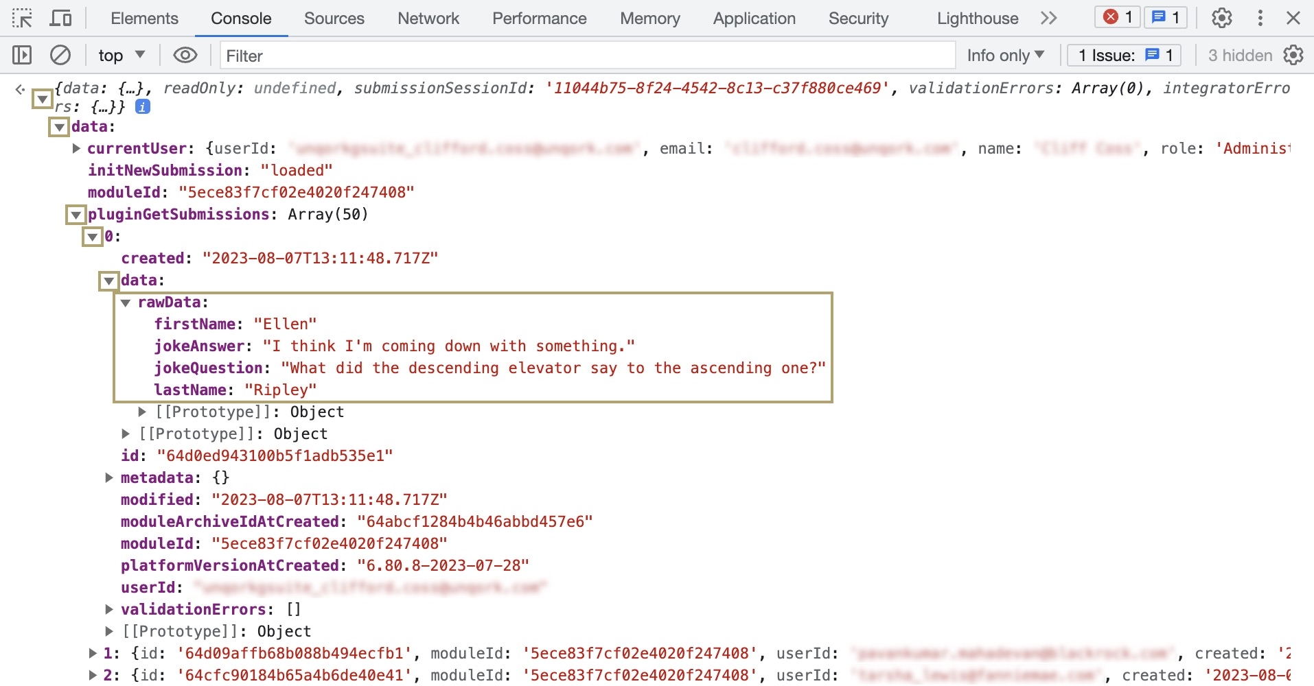 A static image displaying the submission data using the Angular Command in the DevTools Console.
