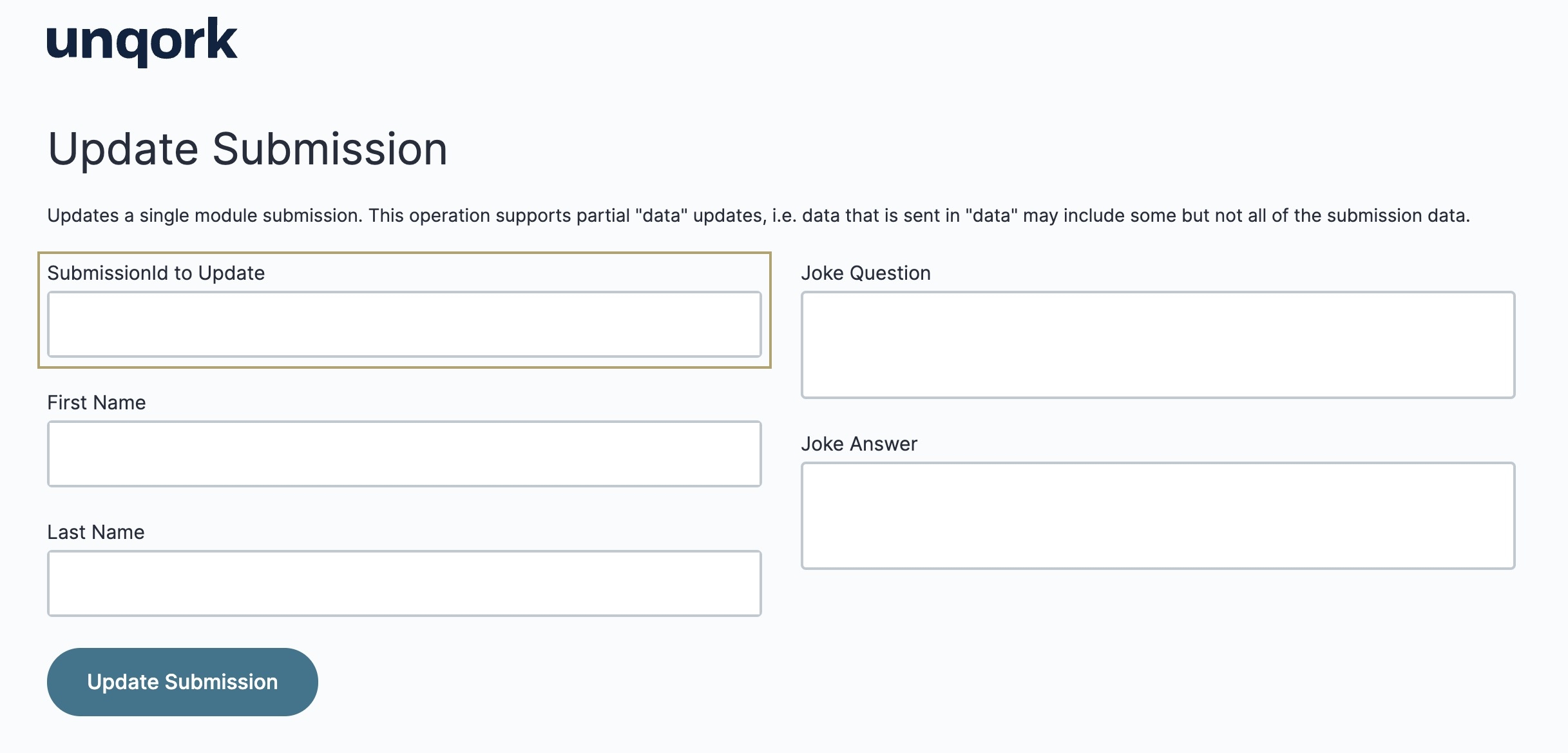 A static image displaying the SubmissionId to Update Text Field in Express View.