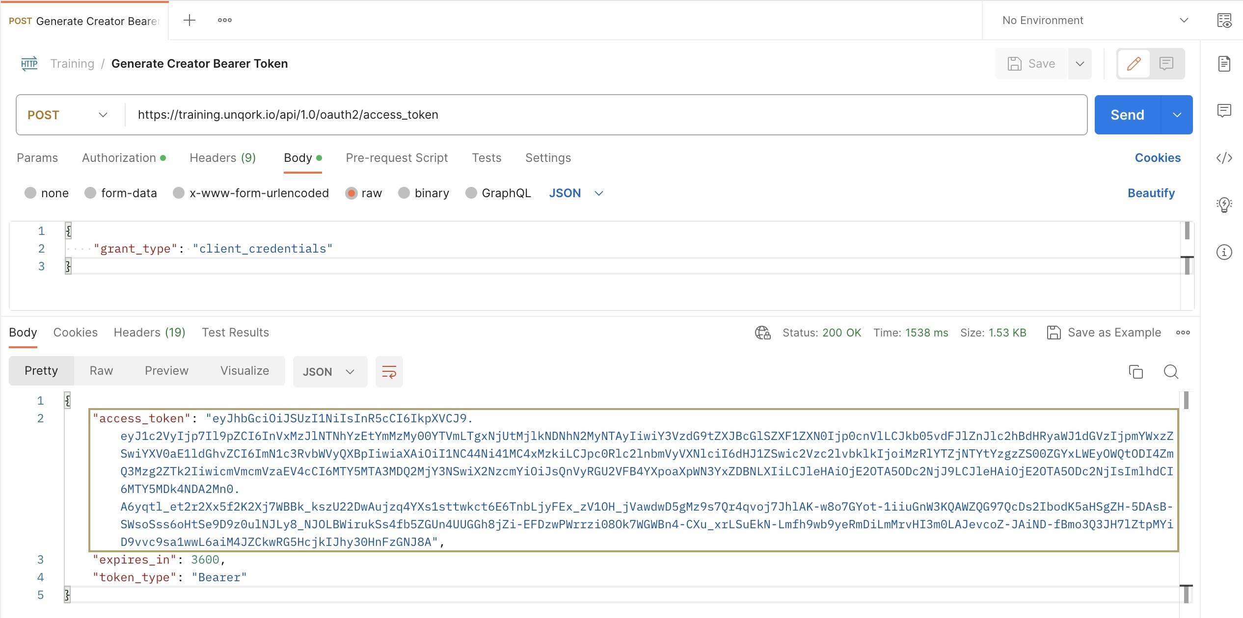 A static image displaying the response after Postman returned the access token.