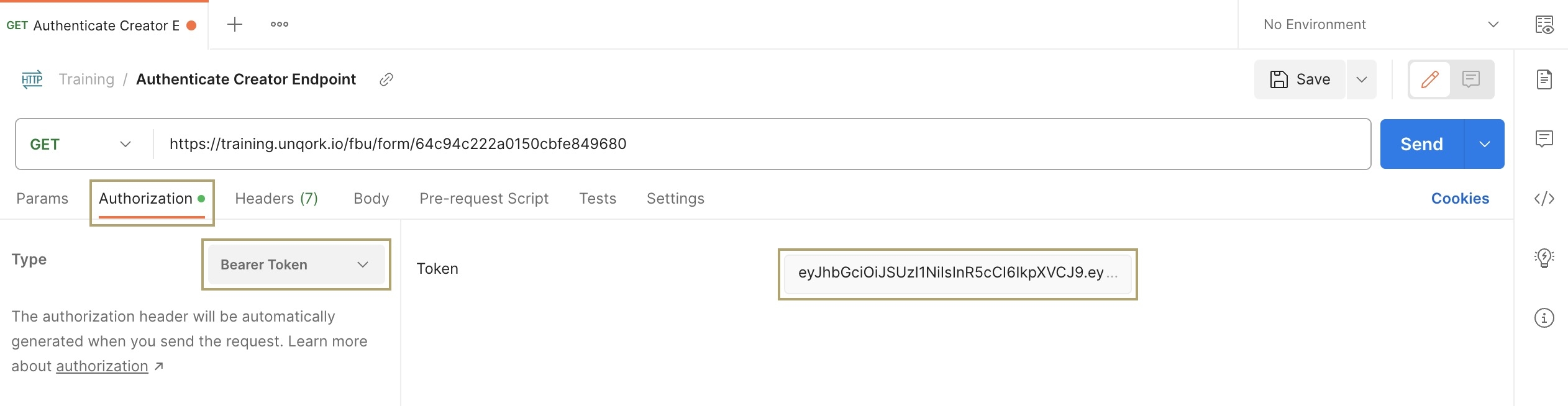 A static image displaying the Bearer Token type and the added access token.