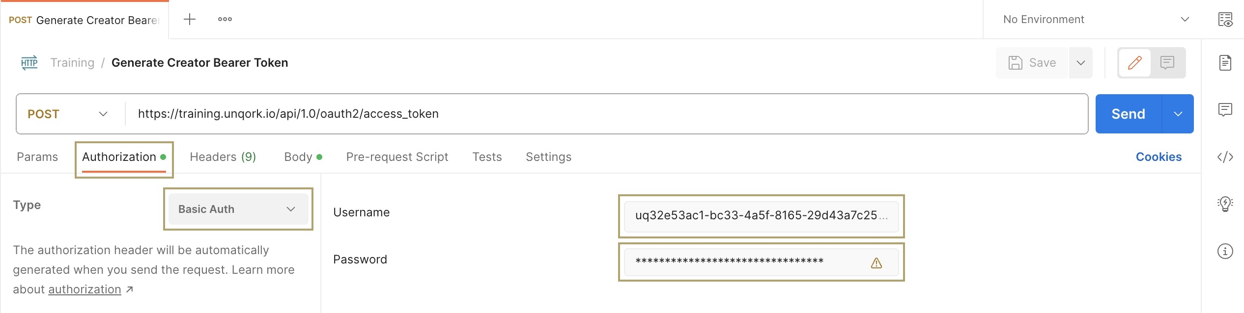 A static image displaying the Basic Auth type and the added Client ID and Secret.