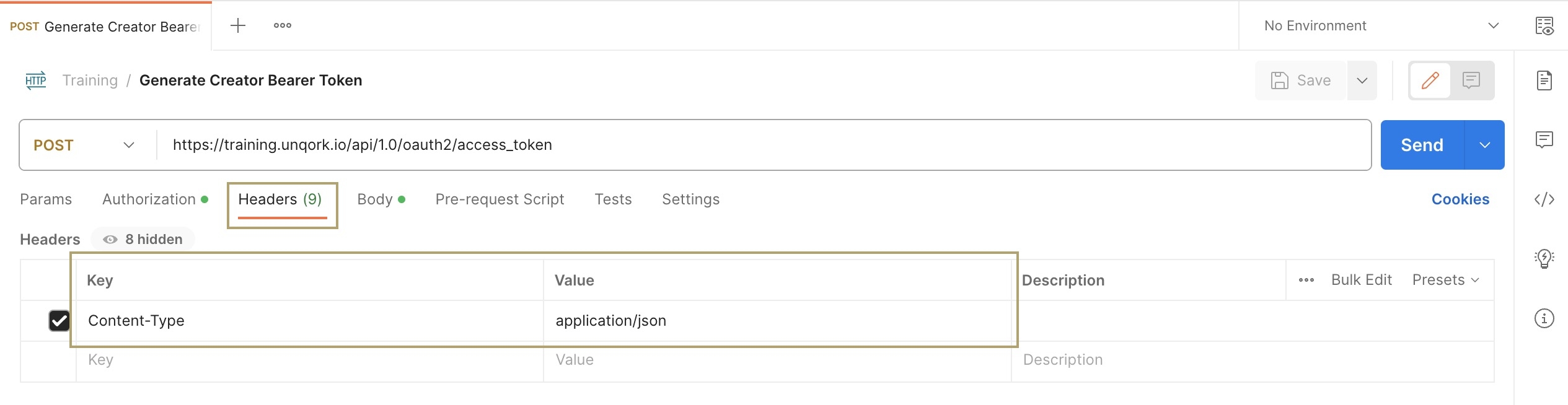 A static image displaying the configured Headers with a Content-Type key and application/json value.