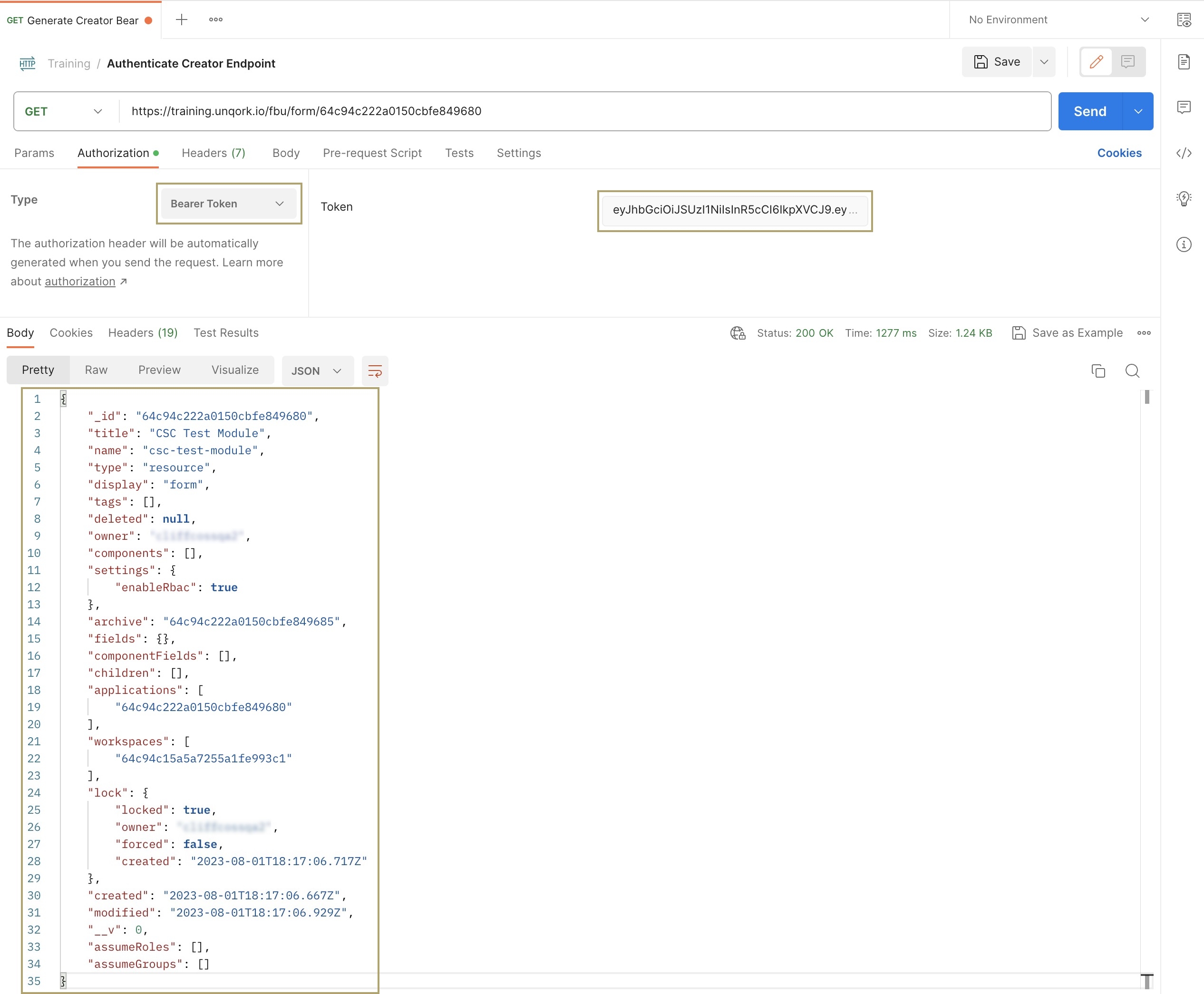 A static image displaying the successful response after authenticating the Creator endpoint.