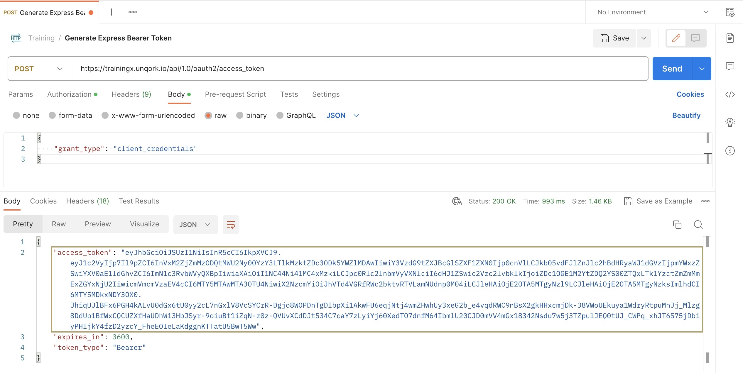 A static image displaying the response after Postman returned the access token.