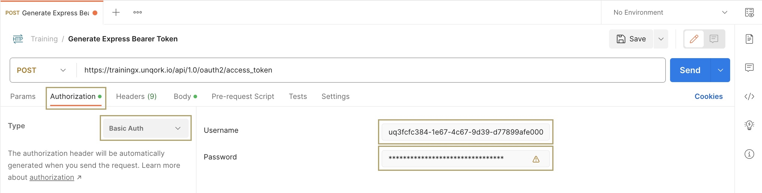 A static image displaying the Basic Auth type and the added Client ID and Secret.