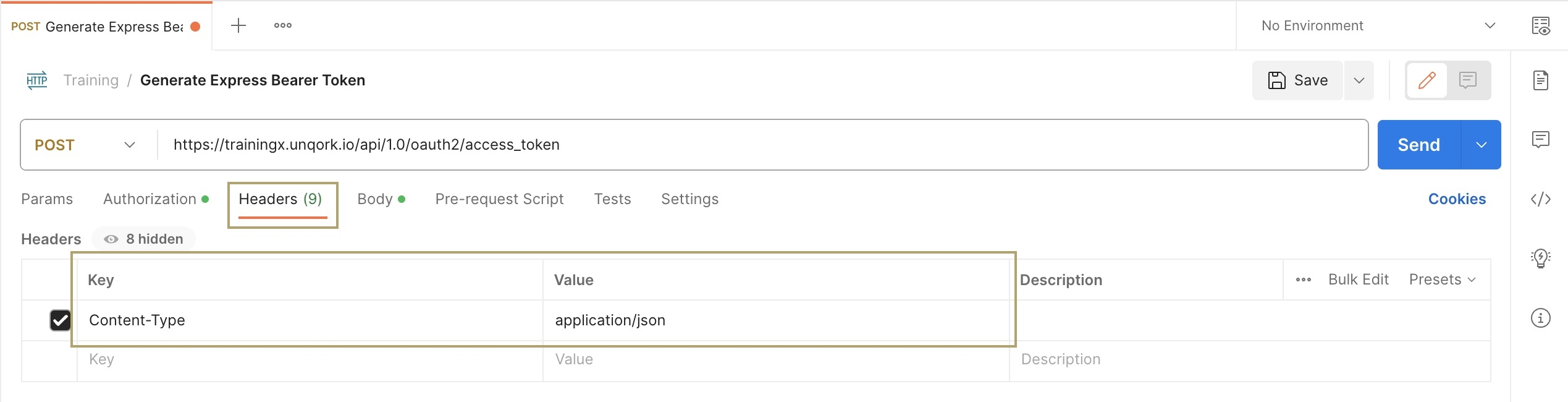 A static image displaying the configured Headers with a Content-Type key and application/json value.