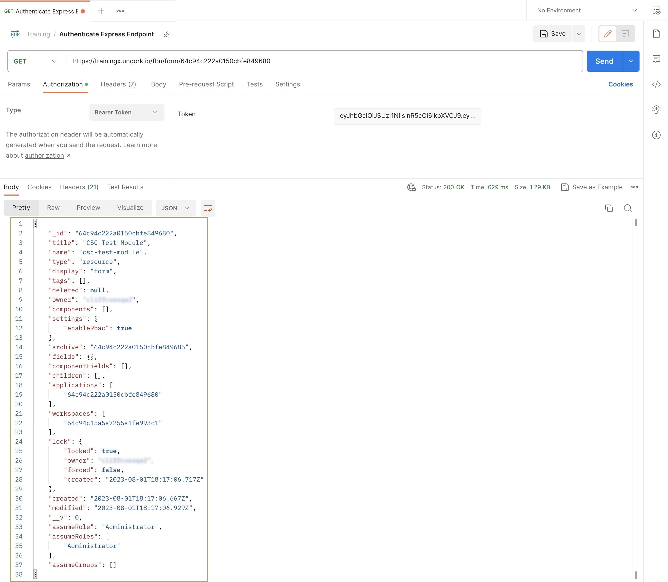 A static image displaying the successful response after authenticating the Express endpoint.