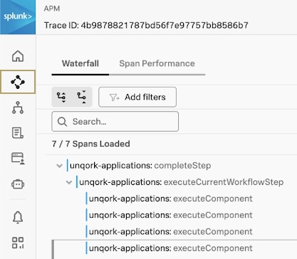 A static image displaying an example trace and it's spans, accessed by the icon in the left menu of your Splunk account.
