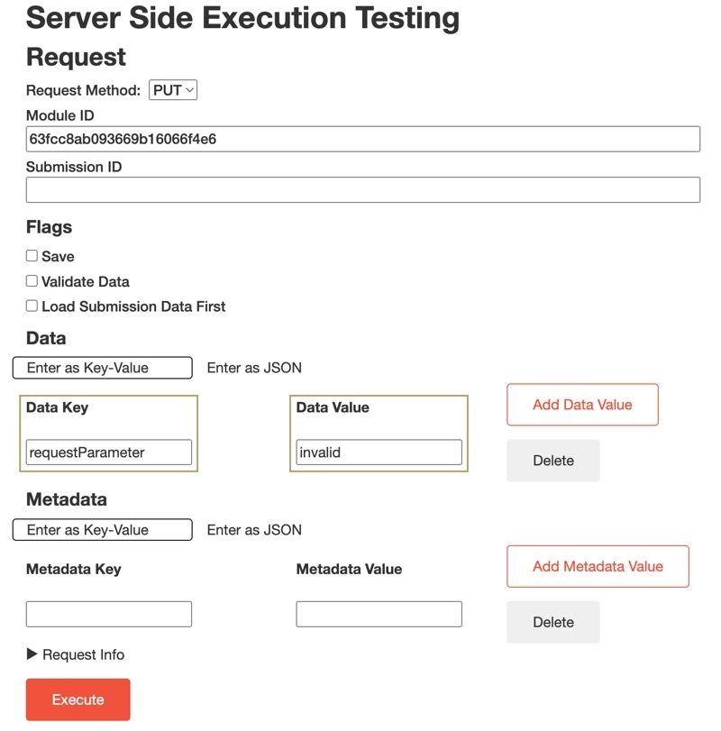 A static image displaying the Server Side Execution Testing page. The Data Key is set to "requestParameter" and the Data Value is set to "invalid".