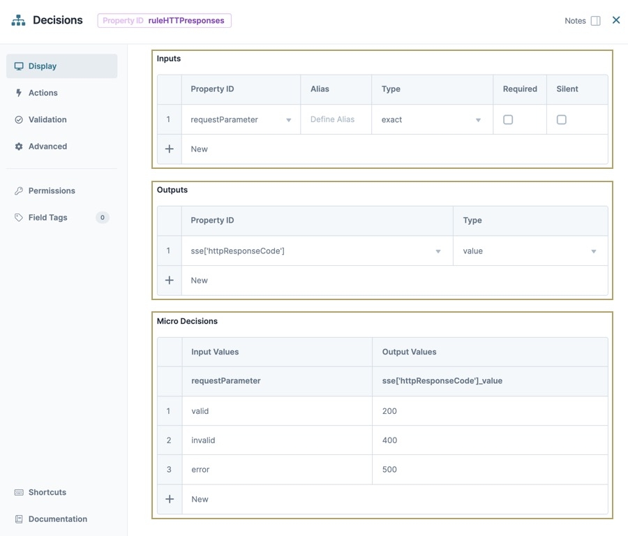 A static image displaying the "ruleHTTPresponses" decisions component. The Inputs, Outputs, and MicroDecisions tables are filled out.