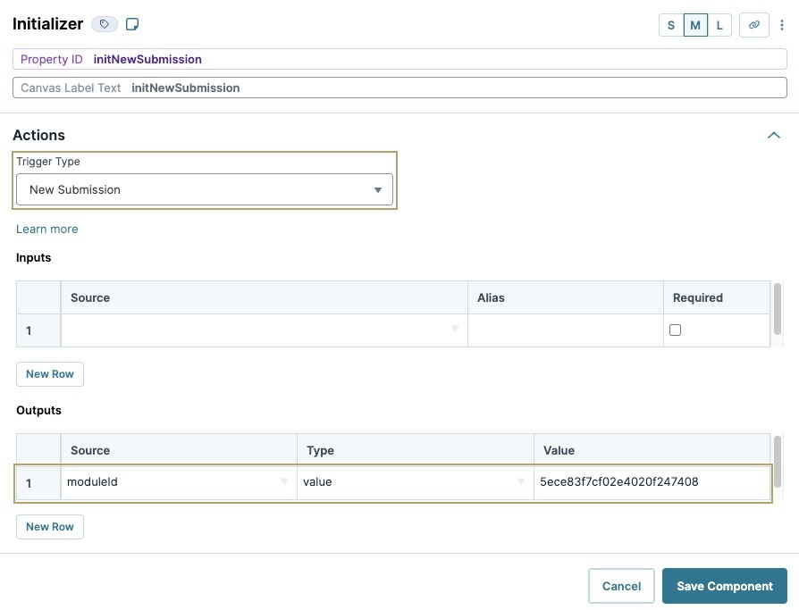 A static image displaying the initNewSubmission Intializer component's configuration with the New Submission Trigger Type and outputs to the schema module.