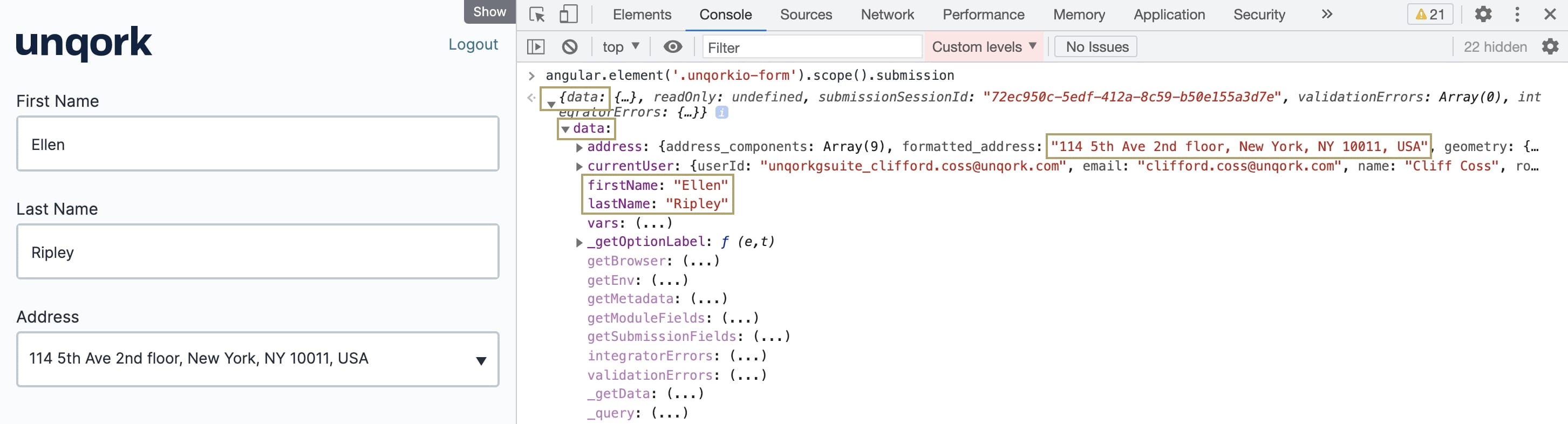 A static image displaying a module in Express view. The browser's DevTools are open and the angular command is used to display the data captured by the module.